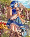  apple apron bag blue_hair blush bread brown_eyes company_name dress eikou_no_guardian_battle food fruit highres madogawa official_art open_mouth paper_bag smile solo waving 