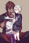  bad_id bad_pixiv_id black_gloves black_legwear brown_hair curry curry_rice dog_tags feeding food gloves gokotai highres hohehohe kneehighs male_focus military military_uniform multiple_boys ookurikara open_mouth plate rice shorts sitting size_difference spoon steam touken_ranbu uniform white_hair yellow_eyes 