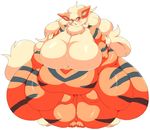  arcanine beige_hair belly big_belly big_breasts big_butt black_fur black_stripes blush breasts butt female funi fur huge_breasts huge_butt hyper hyper_butt looking_at_viewer morbidly_obese nintendo obese open_mouth orange_fur overweight pok&eacute;mon red_eyes simple_background solo stripes tan_fur thick_thighs video_games wide_hips 