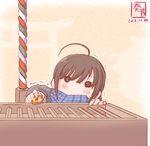  ahoge architecture blush box brown_hair checkered checkered_scarf coin commentary_request dated donation_box east_asian_architecture gold highres kanon_(kurogane_knights) kantai_collection long_sleeves offering scarf shigure_(kantai_collection) shrine shrine_bell solo trembling younger 