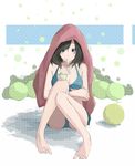  barefoot black_eyes black_hair looking_at_viewer mineuchi_(apxde) original polka_dot polka_dot_swimsuit sitting solo spoon spoon_in_mouth spread_toes swimsuit toes towel 