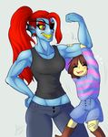  2015 anthro duo female fish flexing human mammal marine mrfatcakes muscular muscular_female protagonist_(undertale) smile undertale undyne video_games 