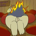  2015 aliasing butt english_text female feral fur mammal nintendo pok&eacute;mon pussy red_eyes solo text thigh_thighs trout_(artist) typhlosion video_games 