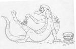  barefoot bodypaint dragon english_text eyewear female glasses isolde mizzyam monochrome nude one_leg_up ozy_and_millie paint pencil_(artwork) pigtails reclining scalie side_view solo text traditional_media_(artwork) wings 