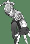  bad_id bad_pixiv_id fingerless_gloves gloves green_background hair_over_one_eye hohehohe katana male_focus monochrome smile solo sword touken_ranbu uguisumaru weapon 