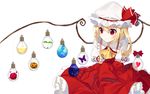  banned_artist blonde_hair bug butterfly dress flandre_scarlet flower hanging hat heart insect light_bulb neckerchief ornament plant pumpkin red_dress red_eyes ribbon rose short_hair simple_background sky smile solo star_(sky) string touhou white_background wings yusano 