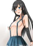  absurdres arm_warmers asashio_(kantai_collection) bangs black_hair blue_eyes blush breasts covered_nipples highres kagerou_(gigayasoma) kantai_collection long_hair naked_suspenders open_mouth petite pleated_skirt sketch skirt small_breasts solo suspenders suspenders_pull sweatdrop swept_bangs tearing_up topless upper_body 