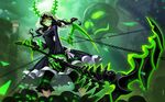  bangs black_dress black_hair black_rock_shooter blunt_bangs breasts bridal_veil chain chained choker claws cloud cloudy_sky commentary_request dead_master dress foreshortening green_eyes holding holding_scythe horns liang_xing long_hair looking_at_viewer ribbon scythe skull sky small_breasts solo tower veil wavy_hair weapon wings 