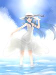  :d absurdres bare_arms blue_eyes blue_hair cloud day dress hand_on_headwear hat hatsune_miku highres kazenoko long_hair looking_at_viewer open_mouth see-through see-through_silhouette skirt_hold sky sleeveless sleeveless_dress smile solo standing sun sun_hat sundress vocaloid wading water white_dress wind 