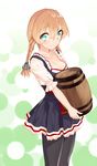  alternate_costume alternate_hairstyle anchor_hair_ornament aqua_eyes beer_keg black_legwear blew_andwhite blush breasts carrying cleavage collarbone dirndl german_clothes hair_ornament highres kantai_collection medium_breasts pantyhose prinz_eugen_(kantai_collection) smile solo 