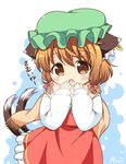  alternate_hairstyle animal_ears brown_eyes brown_hair cat_ears cat_tail chen green_hat hair_ribbon hat jewelry long_sleeves mob_cap multiple_tails nekomata open_mouth pila-pela red_ribbon ribbon short_hair single_earring solo tail touhou tress_ribbon two_tails 