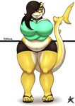  4_toes big_breasts big_thighs black_hair blaqink breasts chubby clothing eyewear female fish flip_flops glasses hair huge_breasts marine nail_polish navel overweight porsche_(blaqink) shark shorts solo thick_thighs toes voluptuous wide_hips yellow_skin 