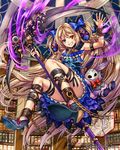  blonde_hair blue_eyes chain company_name convenient_leg cuffs eikou_no_guardian_battle grin heterochromia highres lock long_hair looking_at_viewer madogawa official_art padlock red_eyes scythe smile solo stuffed_animal stuffed_bunny stuffed_toy very_long_hair weapon 