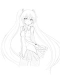  arms_behind_back bad_id bad_pixiv_id greyscale hatsune_miku highres kazenoko long_hair monochrome necktie simple_background skirt smile solo twintails very_long_hair vocaloid white_background 