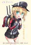  aqua_eyes artist_name backpack bag blonde_hair blue_eyes cannon eyebrows eyebrows_visible_through_hair fang grey_skirt hat inyucchi kantai_collection long_sleeves looking_at_viewer low_twintails military military_uniform open_mouth partially_translated prinz_eugen_(kantai_collection) randoseru shirt short_twintails skirt solo translation_request twintails uniform watermark younger 