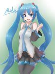  absurdres black_legwear blue_eyes blue_hair blush character_name detached_sleeves hatsune_miku highres kazenoko long_hair necktie open_mouth skirt smile solo thighhighs twintails very_long_hair vocaloid 