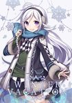  boots braid earmuffs hair_ornament hairclip hijiri_(resetter) jacket long_hair long_sleeves looking_at_viewer open_clothes open_jacket open_mouth original ponytail purple_eyes scarf silver_hair single_braid smile solo sweater very_long_hair winter_clothes 