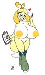  animal_crossing anthro badgerben big_breasts boots breasts canine clipboard clothing edit female footwear hi_res huge_breasts isabelle_(animal_crossing) mammal nintendo nipples nude pen simple_background skullman777 solo solo_female video_games voluptuous white_background 