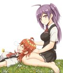  ahoge arashi_(kantai_collection) barefoot bug butterfly drooling flower gloves grass hagikaze_(kantai_collection) insect kantai_collection lang_(chikage36) lap_pillow long_hair looking_at_viewer lying multiple_girls neck_ribbon one_side_up purple_eyes purple_hair red_hair red_ribbon ribbon skirt sleeping smile vest 