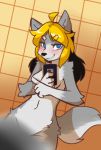  5_fingers anthro black_hair blonde_hair blue_eyes breasts canine covering covering_self female fur grey_fur hair mammal mewgle multicolored_hair nude simple_background solo wolf 