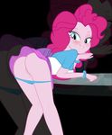  bent_over blue_eyes blush bracelet butt clothing dripping equestria_girls female friendship_is_magic hair jewelry looking_at_viewer looking_back my_little_pony panties panties_down pink_hair pinkie_pie_(mlp) presenting presenting_hindquarters pussy pussy_juice rainbownspeedash rear_view skirt smile underwear upskirt 