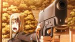  beretta_92 blonde_hair blood blood_on_face bloody_hands brown_eyes check_artist finger_on_trigger game_cg gun hair_over_face handgun higurashi_no_naku_koro_ni holding holding_gun holding_weapon long_hair looking_at_viewer military military_uniform official_art open_mouth outstretched_hand pistol rato shrine solo spoilers sunset surprised sweatdrop takano_miyo tree uniform weapon 