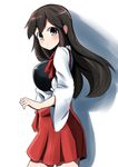  absurdres akagi_(kantai_collection) blush brown_eyes brown_hair highres kantai_collection kazenoko long_hair looking_at_viewer simple_background skirt solo white_background 