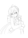  absurdres bad_id bad_pixiv_id bow breast_hold breasts greyscale hair_bow highres kazenoko large_breasts lineart long_hair looking_at_viewer monochrome solo vocaloid 