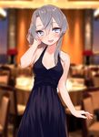  alternate_costume asymmetrical_hair bare_arms bare_shoulders blew_andwhite blurry blush breasts depth_of_field dress grey_eyes grey_hair hand_in_hair highres kantai_collection looking_at_viewer medium_breasts nowaki_(kantai_collection) open_mouth purple_dress sleeveless sleeveless_dress smile solo 