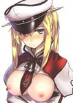  black_gloves blonde_hair blue_eyes blush breasts breasts_outside gloves graf_zeppelin_(kantai_collection) hair_between_eyes hat highres iron_cross kantai_collection large_breasts long_hair looking_at_viewer military military_uniform nipples open_clothes peaked_cap shirokuma solo twintails uniform 