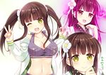  :d ;d alternate_hairstyle ama_usa_an_uniform black_hair braid breasts brown_hair cleavage collarbone crop_top flower gochuumon_wa_usagi_desu_ka? green_eyes hair_flower hair_ornament jacket large_breasts long_hair long_sleeves looking_at_viewer midriff navel niiya one_eye_closed open_clothes open_jacket open_mouth smile solo twin_braids twintails ujimatsu_chiya 