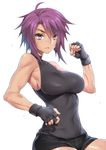  breasts fingerless_gloves fuya_(tempupupu) gloves halterneck koukaku_no_regios large_breasts naruki_gerni purple_hair short_hair short_shorts shorts solo sweat toned 