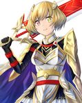  absurdres armor bad_id bad_pixiv_id blonde_hair breastplate cape charlotte_(shironeko_project) cowboy_shot faulds gauntlets green_eyes heterochromia highres ituka_(turbo_510ry) looking_at_viewer red_eyes shironeko_project short_hair shoulder_armor simple_background smile solo spaulders sword weapon white_background 