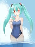  bad_id bad_pixiv_id food green_hair hatsune_miku highres kazenoko long_hair one-piece_swimsuit popsicle red_eyes solo swimsuit twintails vocaloid wading 