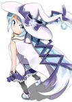  absurdres blue_eyes blue_hair bow colorized from_above gloves hat hatsune_miku highres kazenoko long_hair looking_at_viewer looking_back purple_gloves smile solo twintails very_long_hair vocaloid witch_hat 
