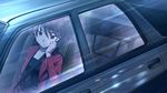  bangs brown_eyes car check_artist formal game_cg ground_vehicle hand_on_own_face higurashi_no_naku_koro_ni looking_at_viewer minai_tomoe motor_vehicle official_art rato red_suit short_hair sitting solo suit 