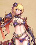  armor ass_visible_through_thighs bare_shoulders bikini_armor blonde_hair bracer braid breasts cleavage close-up gauntlets hair_ornament highres looking_at_viewer medium_breasts midriff official_art original revealing_clothes senteiou solo tassel 