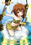  animal_print bikini brown_eyes brown_hair fang gloves ikazuchi_(kantai_collection) inyucchi kantai_collection midriff navel oni_horns open_mouth short_hair smile solo swimsuit tiger_print translation_request yellow_bikini yellow_gloves 