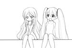  bad_id bad_pixiv_id greyscale hatsune_miku kazenoko long_hair monochrome multiple_girls simple_background sitting smile twintails v_arms very_long_hair vocaloid white_background 