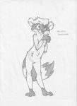  anthro clasped_hands cub cute_fangs english_text female front_view greyscale hi_res mammal melissa_savours mizzyam monochrome nude pencil_(artwork) pussy raccoon solo standing text traditional_media_(artwork) young 