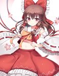  bad_id bad_pixiv_id bow brown_hair detached_sleeves hair_bow hair_tubes hakurei_reimu highres midriff navel papo red_eyes ribbon-trimmed_sleeves ribbon_trim shirt skirt solo touhou wide_sleeves 