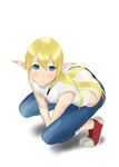  absurdres ass belt blonde_hair blue_eyes blush butt_crack denim downpants elf gate_-_jieitai_ka_no_chi_nite_kaku_tatakaeri hair_between_eyes highres jeans long_hair looking_at_viewer pants pointy_ears sherpa simple_background solo squatting tuka_luna_marceau 