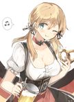  :t alcohol anchor_hair_ornament beamed_eighth_notes beer beer_mug blonde_hair breasts chibirisu cleavage cup dirndl eating food german_clothes german_flag germany hair_ornament highres holding holding_cup iron_cross kantai_collection large_breasts long_hair musical_note oktoberfest one_eye_closed pretzel prinz_eugen_(kantai_collection) smile solo spoken_musical_note twintails underbust 