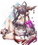  antenna_hair black_gloves blood blood_stain bloody_clothes bloody_dress breasts cleavage crescent danua draph dress finger_to_mouth fingerless_gloves gloves granblue_fantasy gretel_(granblue_fantasy) haku_(sabosoda) hansel_(granblue_fantasy) horn_ornament horns jewelry large_breasts long_hair necklace pointy_ears purple_hair red_eyes sitting sketch solo thumb_sucking torn_clothes torn_dress white_dress 