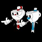  2017 4_fingers absurd_res angdzu animate_inanimate better_version_at_source black_background clothed clothing cup cuphead_(character) cuphead_(game) digital_media_(artwork) duo fully_clothed hi_res humanoid mugman necktie not_furry object_head parody pointing pulp_fiction sibling simple_background straw suit video_games white_gloves 