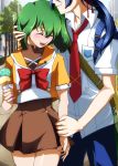  1boy 1girl blue_hair bow couple double_scoop eyes_closed food green_hair hand_on_another&#039;s_head hand_on_another's_head head_out_of_frame hetero ice_cream ice_cream_cone kule macross macross_frontier necktie open_mouth pleated_skirt ranka_lee saotome_alto school_uniform short_hair skirt smile 