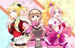  ayase_eli blonde_hair blue_eyes blush breasts crossover cure_flora gloves go!_princess_precure hair_ornament hairclip hand_on_hip haruno_haruka headset kamen_rider_riderbout large_breasts long_hair looking_at_viewer love_live! love_live!_school_idol_project magical_girl multicolored_hair multiple_girls open_mouth pink_hair ponytail precure seven_(11) short_hair smile sore_wa_bokutachi_no_kiseki two-tone_hair uniform 