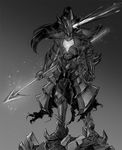  adapted_costume armor clenched_hand dark_souls dragon_slayer_ornstein full_armor full_body gauntlets glowing glowing_eye glowing_eyes grey_background greyscale long_hair monochrome noszle polearm ponytail rock shoulder_pads simple_background souls_(from_software) spear standing undertale undyne undyne_the_undying weapon 