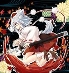  absurdres animal_ears geta hat highres inubashiri_momiji katana kibisake leaf maple_leaf profile red_eyes sheath sheathed solo sword tail tengu-geta tokin_hat touhou weapon white_hair wide_sleeves wolf_ears wolf_tail 