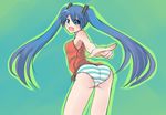  ass bad_id bad_pixiv_id blue_hair blush from_behind hatsune_miku kazenoko long_hair looking_at_viewer looking_back open_mouth panties solo striped striped_panties twintails underwear very_long_hair vocaloid 